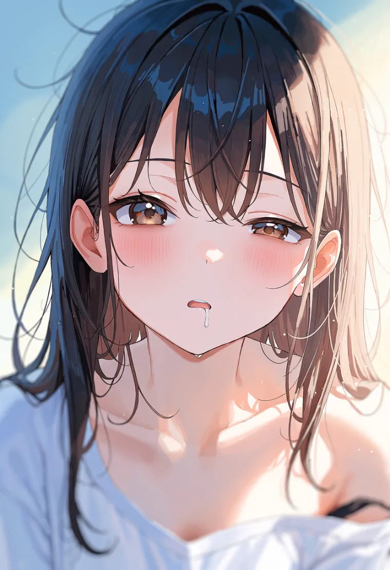 よだれを垂らした気の抜けた女性を描いたAIイラスト