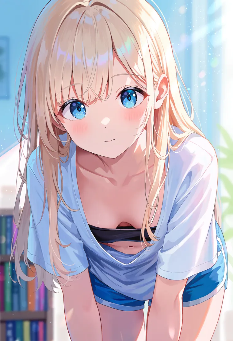 前かがみで襟元からお腹付近まで見える女性を描いたAIイラスト
