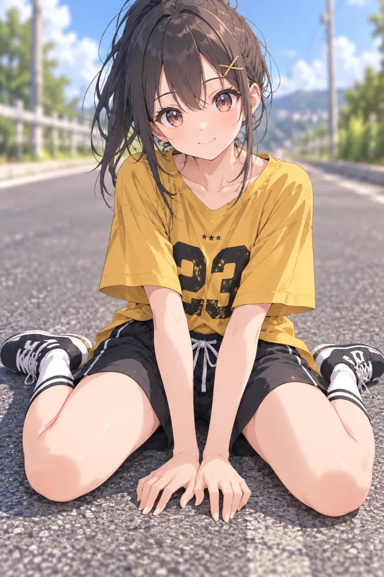 AIイラスト版｜路面でW座りして前傾するポーズ｜床・地面を使った女の子のポーズ