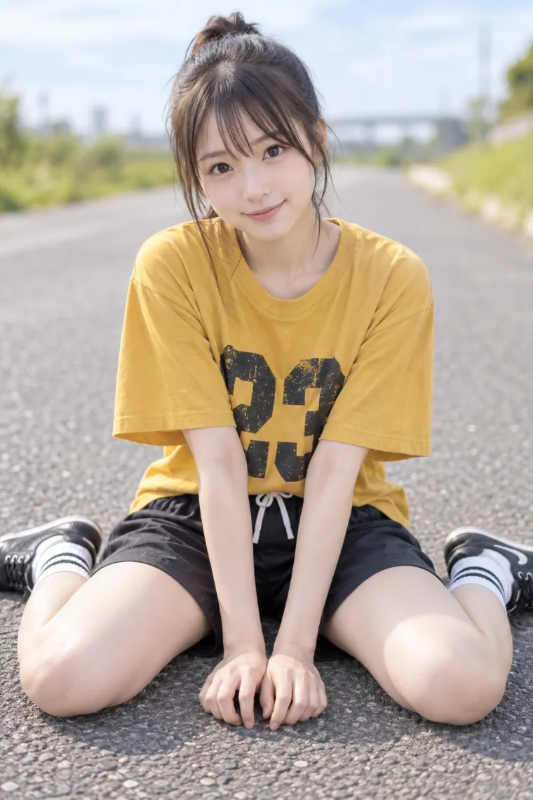 実写AI版｜路面でW座りして前傾するポーズ｜床・地面を使った女の子のポーズ