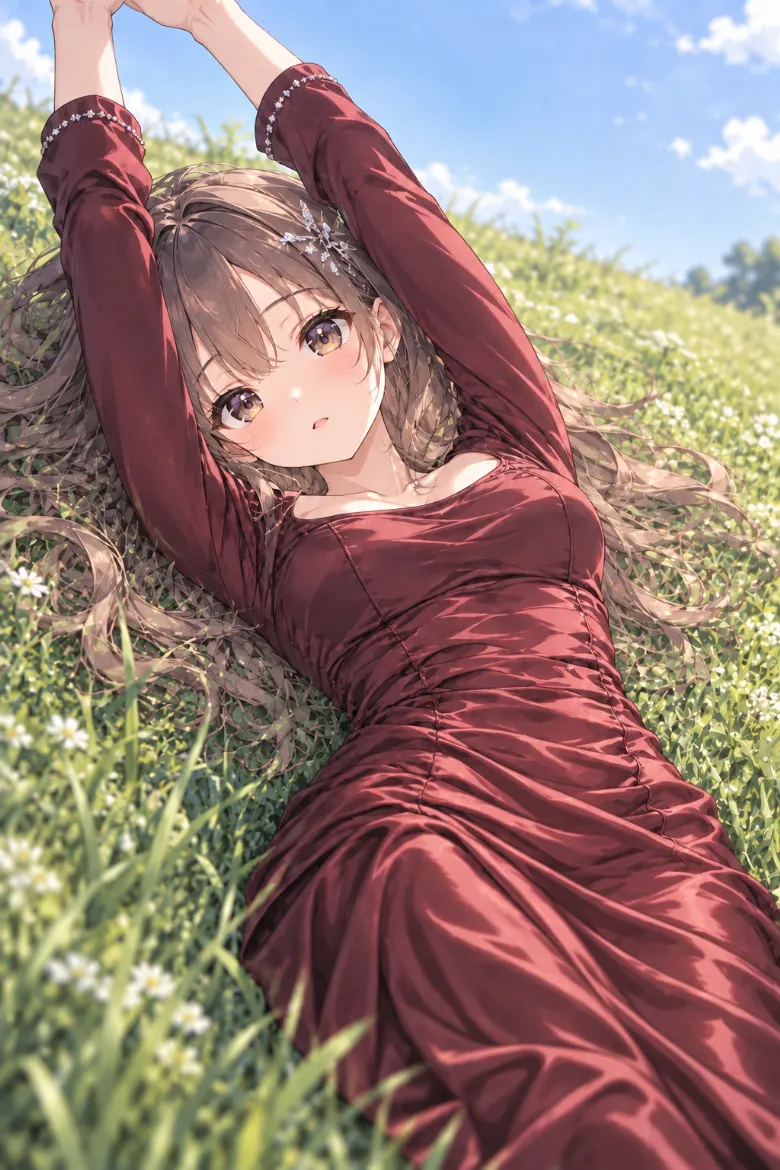 AIイラスト版｜芝生に仰向けで両腕を空へ伸ばすポーズ｜床・地面を使った女の子のポーズ