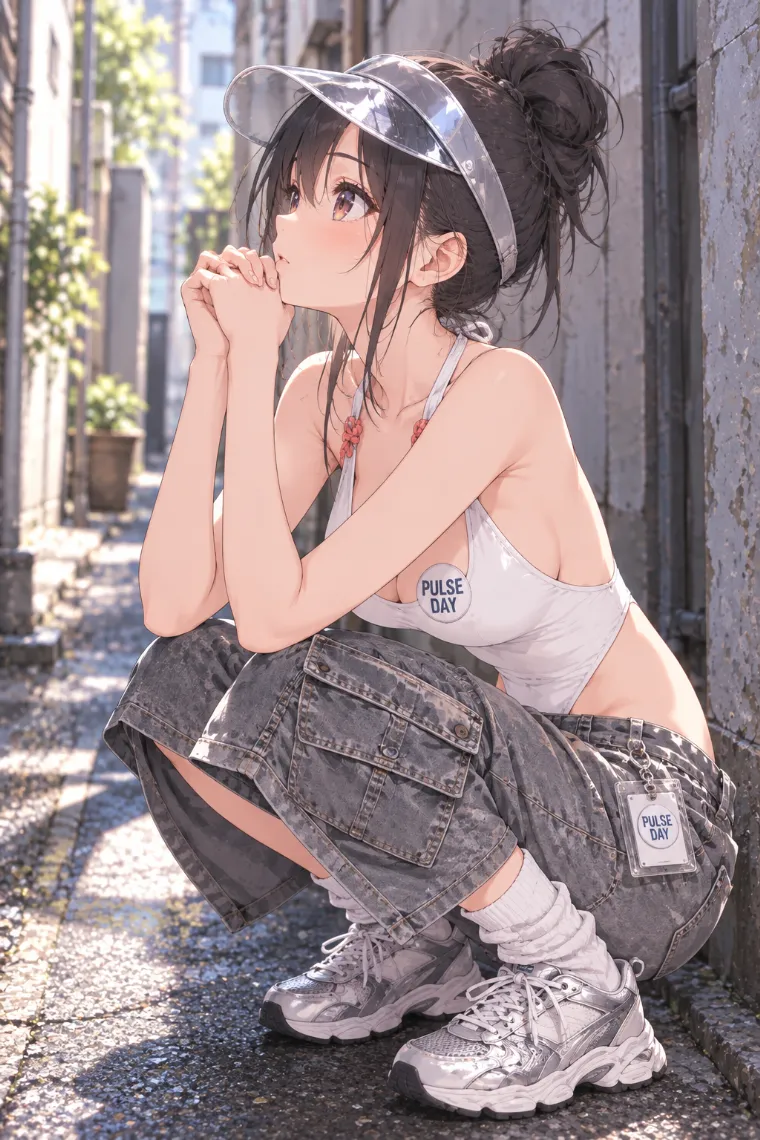 AIイラスト版｜横向きで深くしゃがむポーズ｜床・地面を使った女の子のポーズ