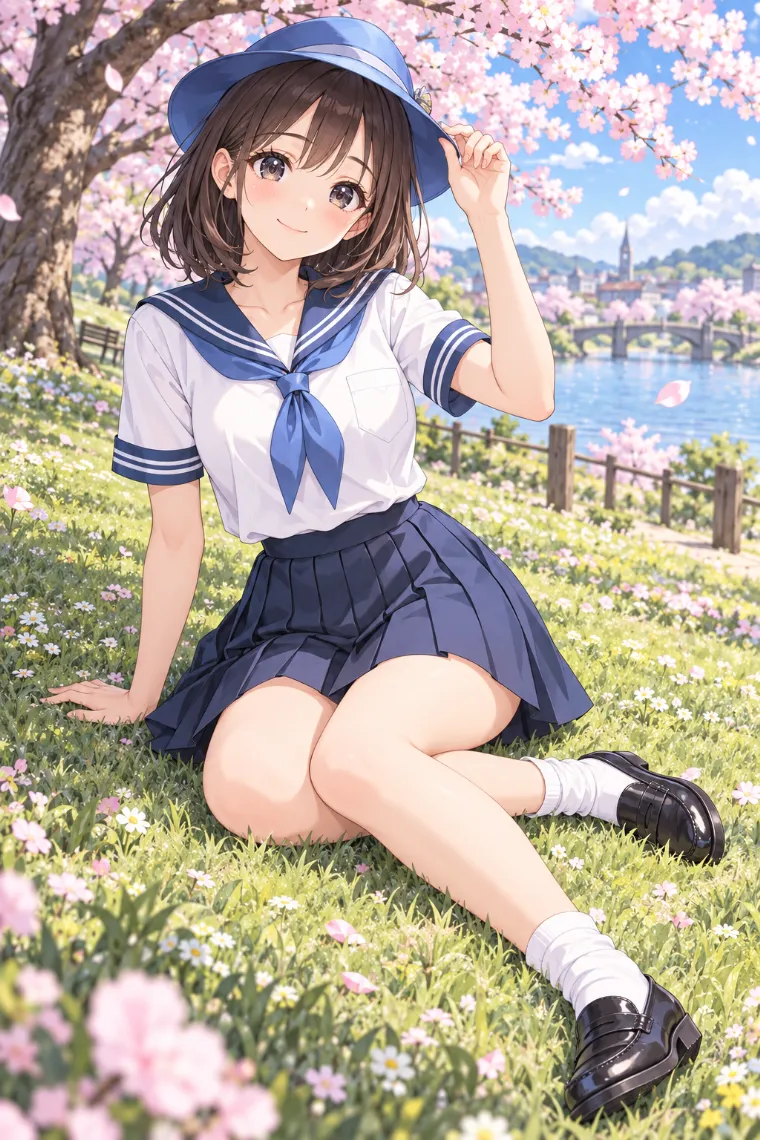 AIイラスト版｜芝生に横座りして帽子に触れるポーズ｜床・地面を使った女の子のポーズ
