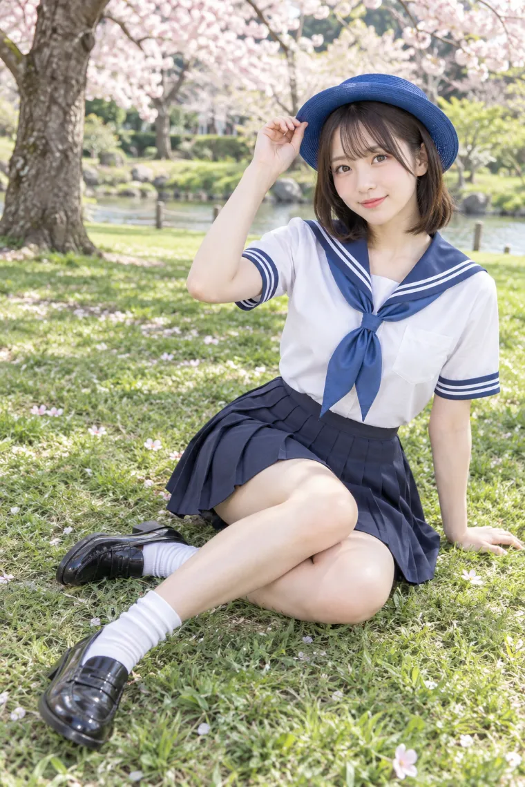 実写AI版｜芝生に横座りして帽子に触れるポーズ｜床・地面を使った女の子のポーズ