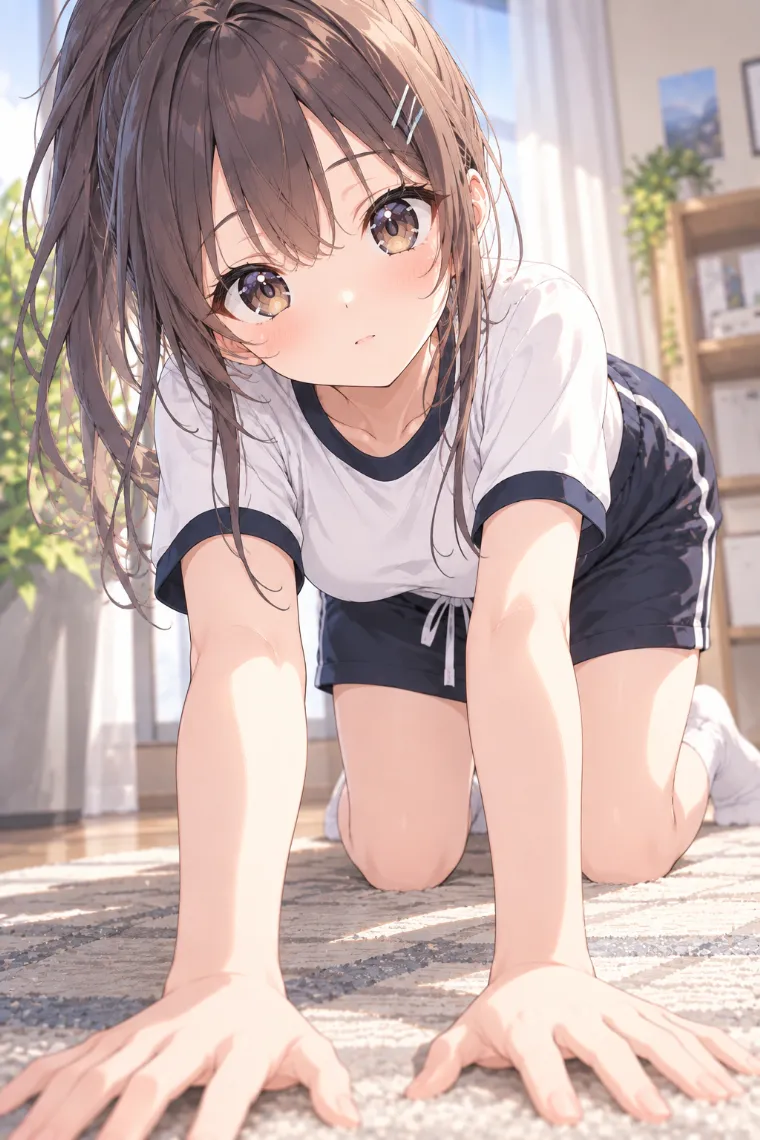 AIイラスト版｜両手と両膝を床について前傾するポーズ｜床・地面を使った女の子のポーズ