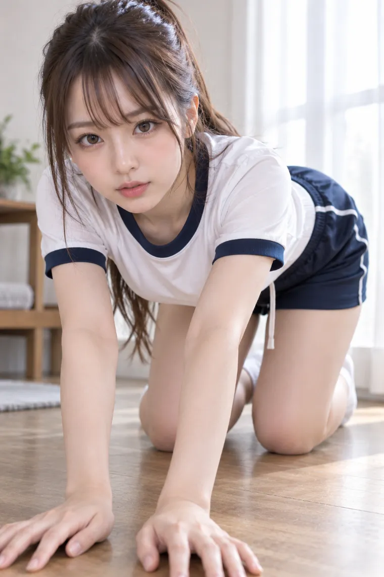 実写AI版｜両手と両膝を床について前傾するポーズ｜床・地面を使った女の子のポーズ