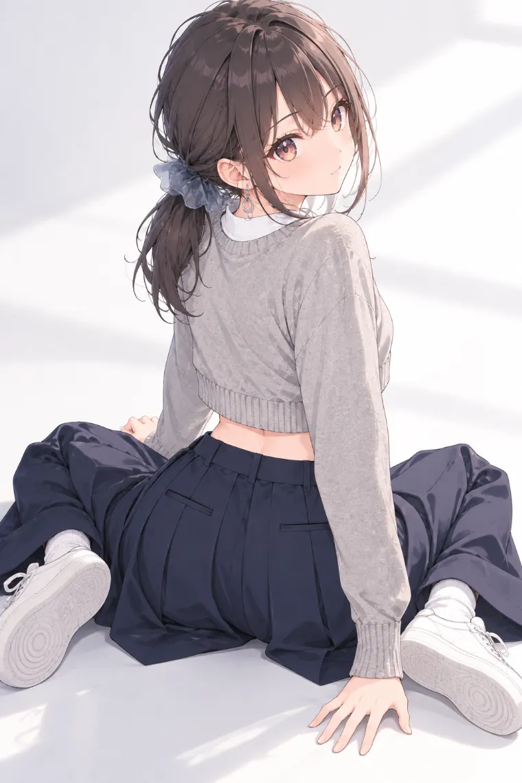 AIイラスト版｜W座りで肩越しに振り返るポーズ｜床・地面を使った女の子のポーズ