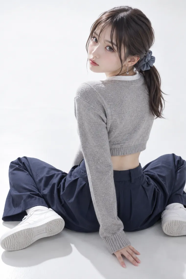 実写AI版｜W座りで肩越しに振り返るポーズ｜床・地面を使った女の子のポーズ
