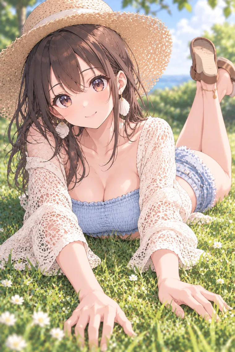 AIイラスト版｜芝生にうつ伏せで上半身を起こすポーズ｜床・地面を使った女の子のポーズ