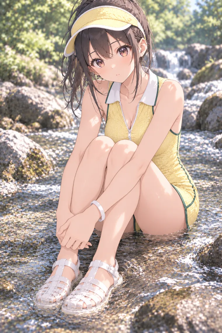 AIイラスト版｜浅瀬で両膝を抱えて座るポーズ｜床・地面を使った女の子のポーズ