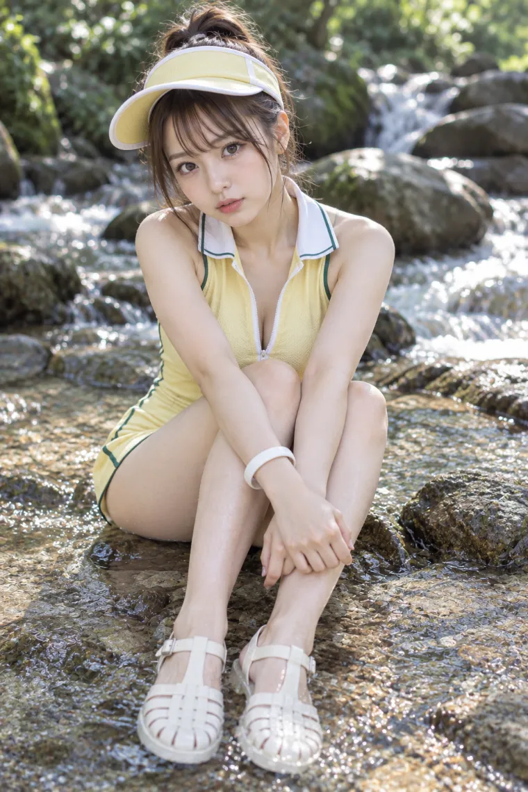 実写AI版｜浅瀬で両膝を抱えて座るポーズ｜床・地面を使った女の子のポーズ