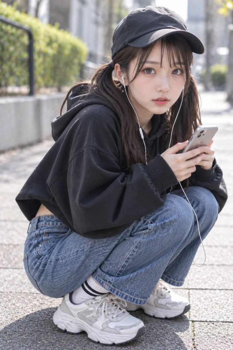 実写AI版｜スマホを持って深くしゃがむポーズ｜床・地面を使った女の子のポーズ