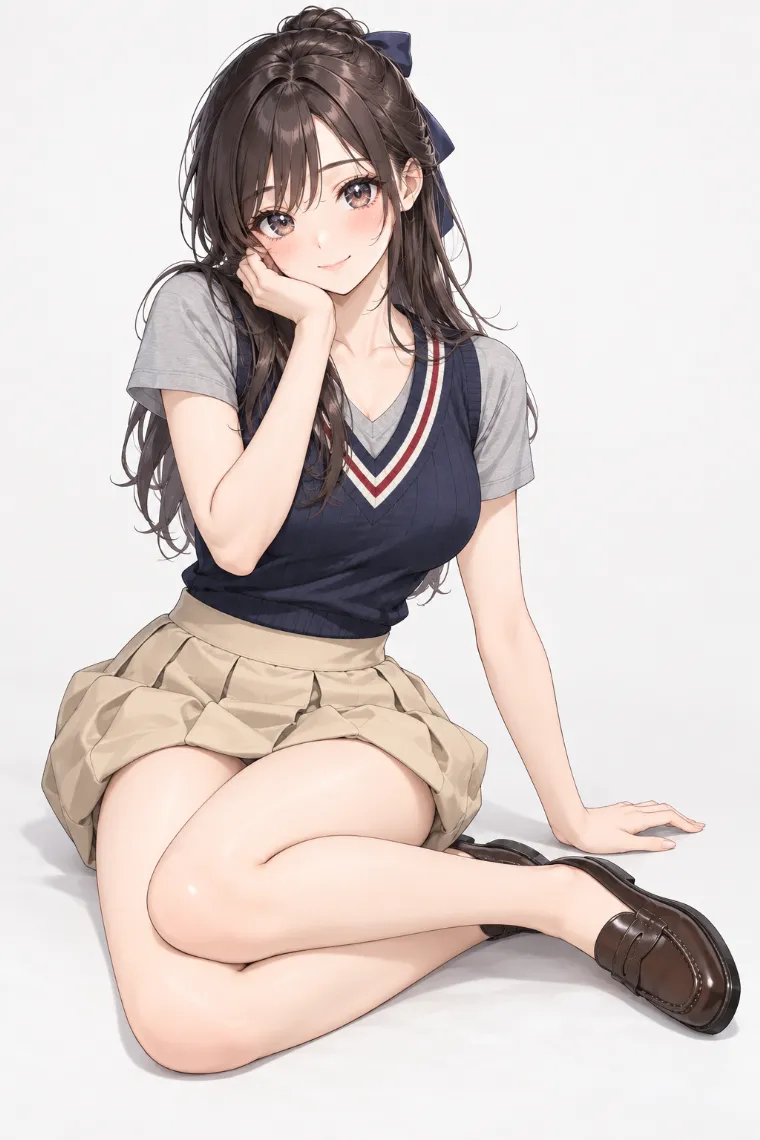 AIイラスト版｜横座りで頬に手を添えるポーズ｜床・地面を使った女の子のポーズ