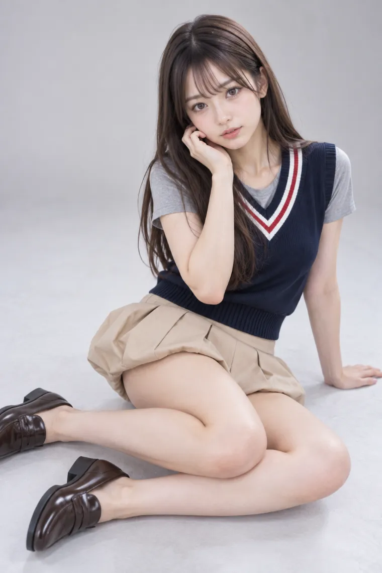 実写AI版｜横座りで頬に手を添えるポーズ｜床・地面を使った女の子のポーズ