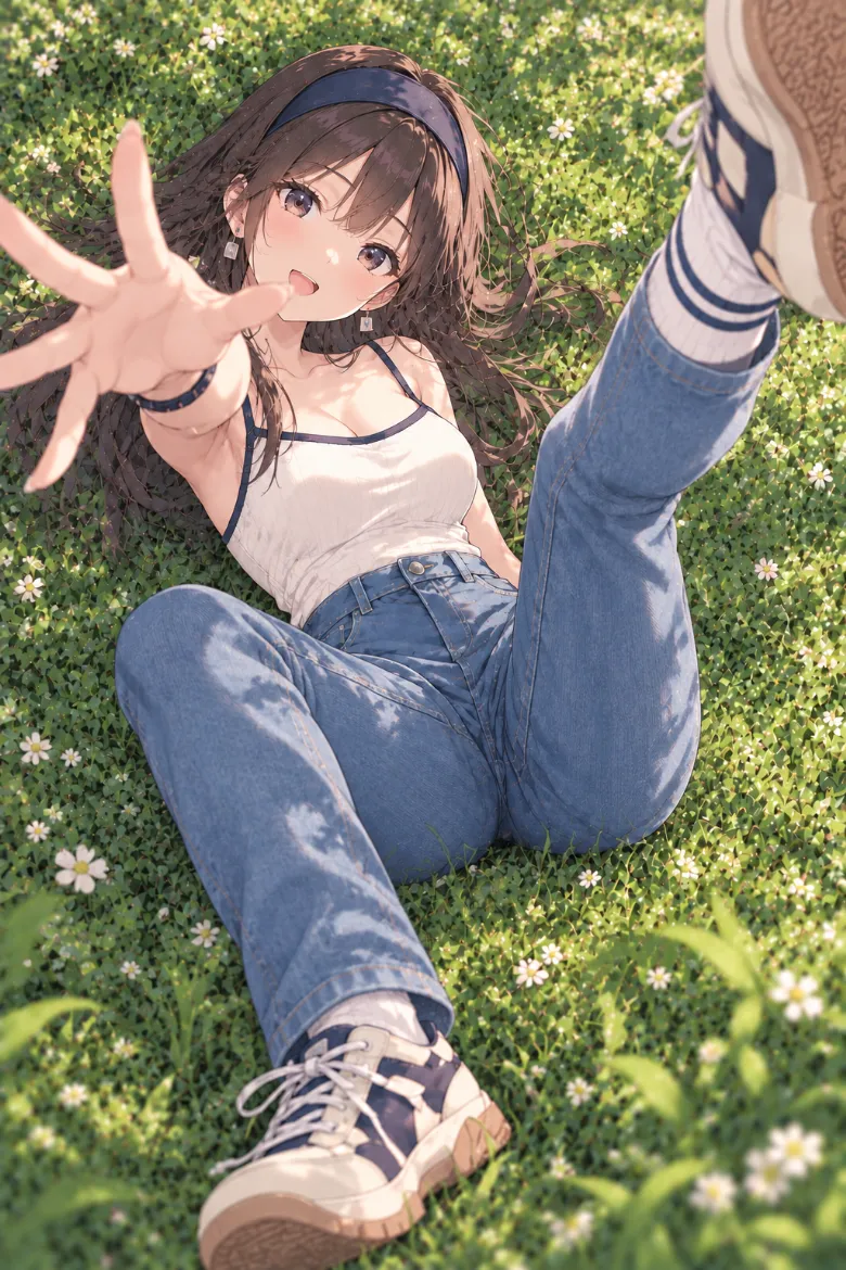 AIイラスト版｜芝生で片脚と片腕を大きく伸ばすポーズ｜床・地面を使った女の子のポーズ