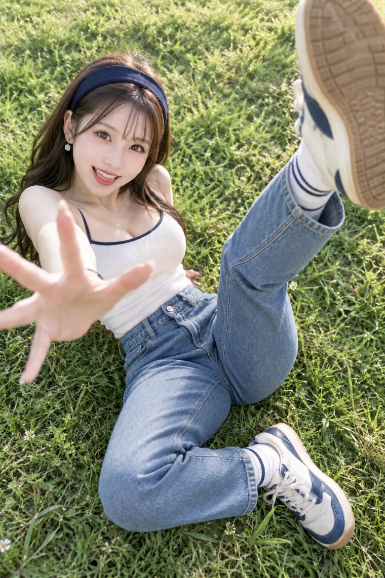 実写AI版｜芝生で片脚と片腕を大きく伸ばすポーズ｜床・地面を使った女の子のポーズ