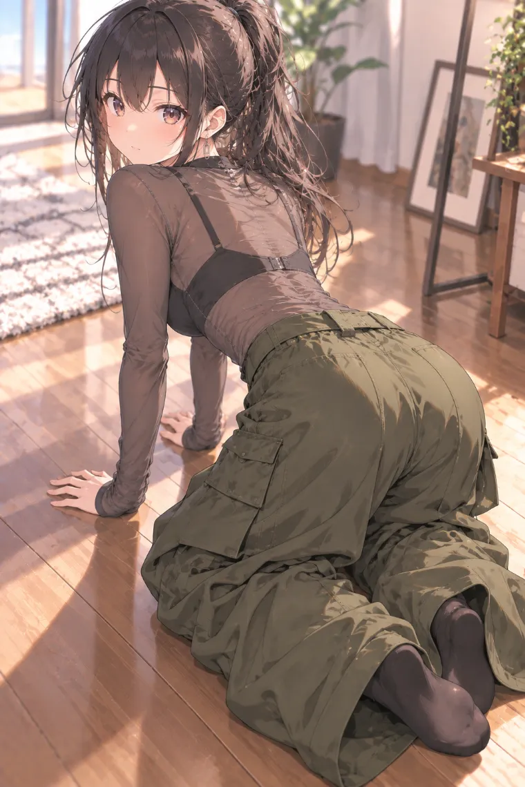AIイラスト版｜ひざ立ちで前傾しながら振り返るポーズ｜床・地面を使った女の子のポーズ