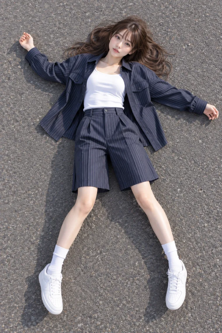 実写AI版｜路面に大の字のように寝転ぶポーズ｜床・地面を使った女の子のポーズ