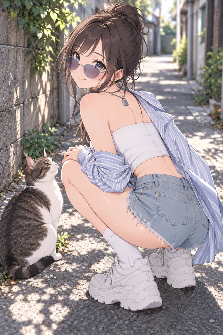 AIイラスト版｜猫のそばでしゃがんで振り返るポーズ｜床・地面を使った女の子のポーズ