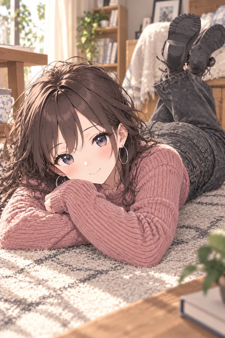 AIイラスト版｜うつ伏せで腕にあごを乗せるポーズ｜床・地面を使った女の子のポーズ