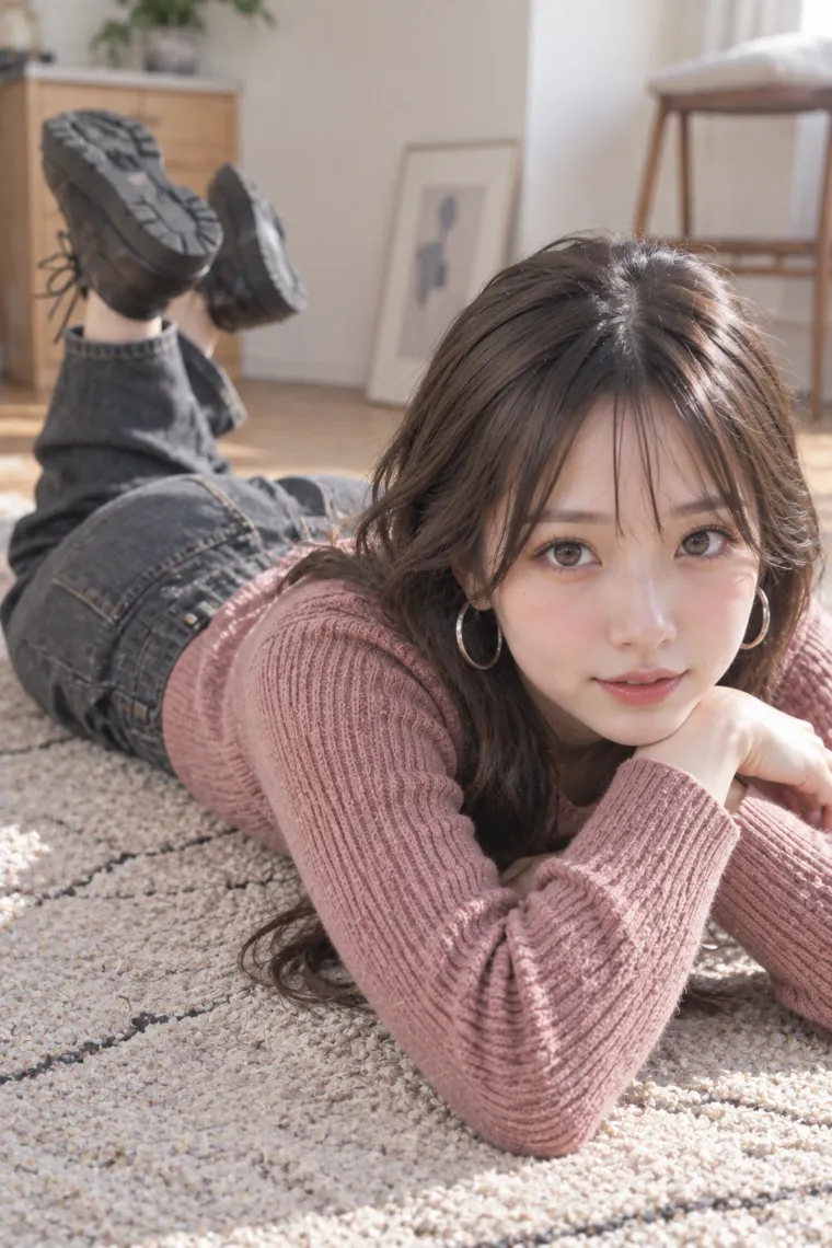 実写AI版｜うつ伏せで腕にあごを乗せるポーズ｜床・地面を使った女の子のポーズ
