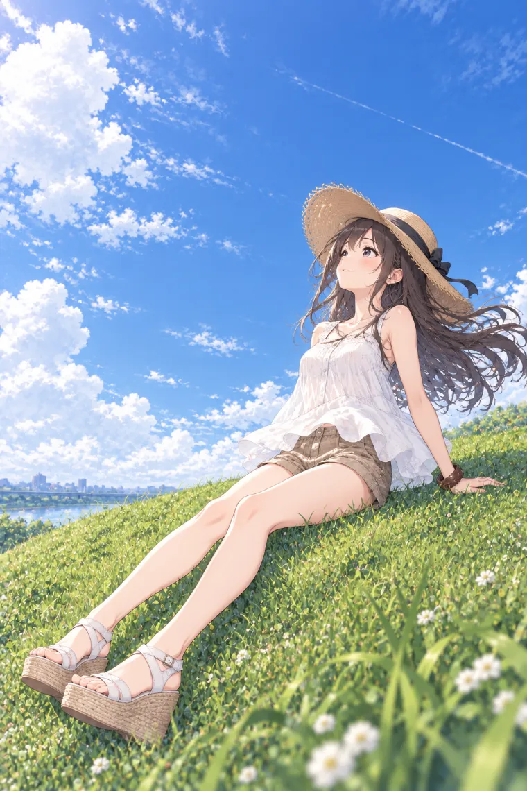 AIイラスト版｜土手に座って空を見上げるポーズ｜床・地面を使った女の子のポーズ