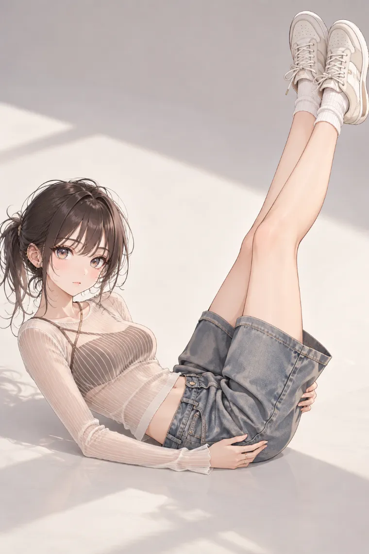 AIイラスト版｜両脚を持ち上げて床にもたれるポーズ｜床・地面を使った女の子のポーズ