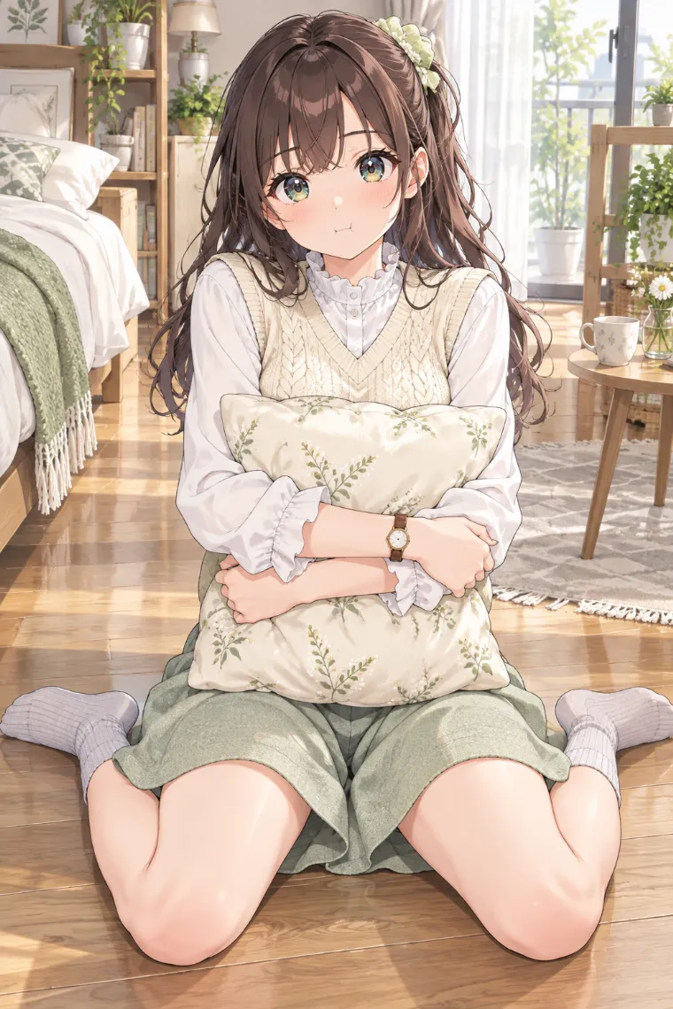 AIイラスト版｜W座りでクッションを抱くポーズ｜床・地面を使った女の子のポーズ