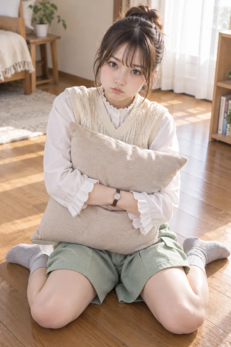 実写AI版｜W座りでクッションを抱くポーズ｜床・地面を使った女の子のポーズ