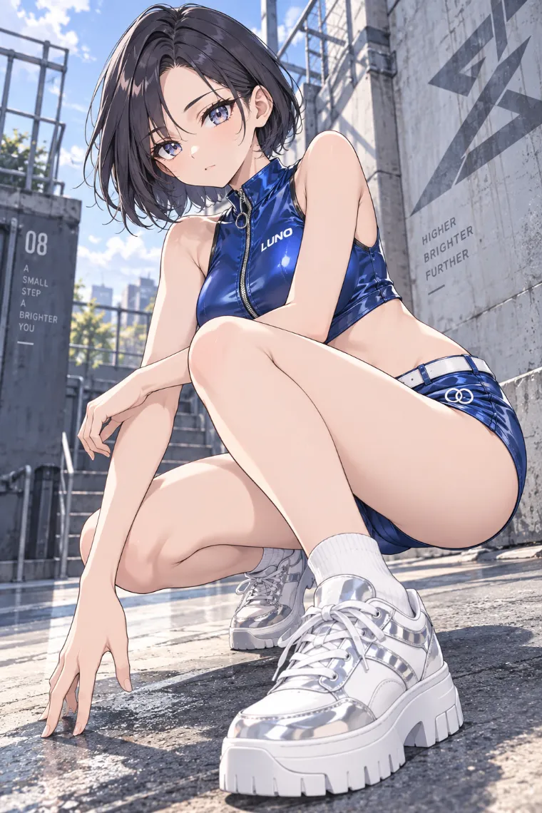 AIイラスト版｜低い重心で斜めにしゃがむポーズ｜床・地面を使った女の子のポーズ