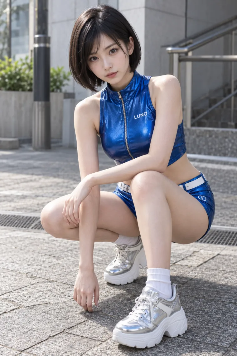 実写AI版｜低い重心で斜めにしゃがむポーズ｜床・地面を使った女の子のポーズ