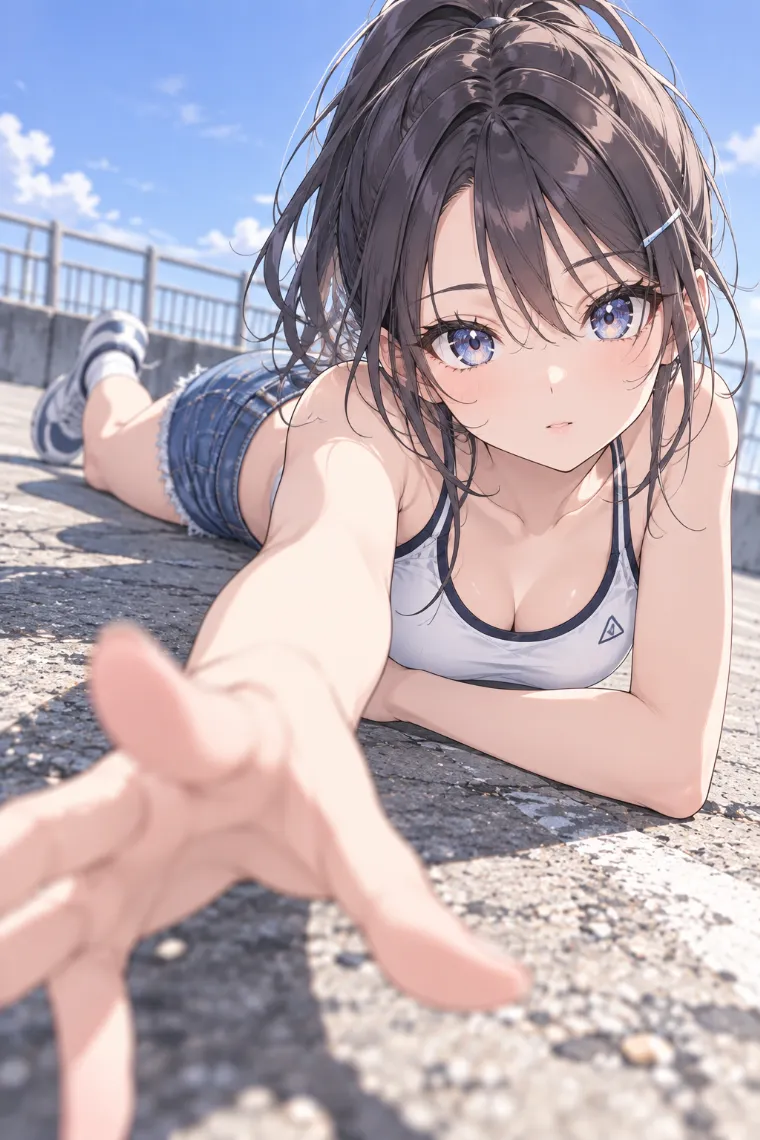 AIイラスト版｜うつ伏せで手をカメラへ伸ばすポーズ｜床・地面を使った女の子のポーズ