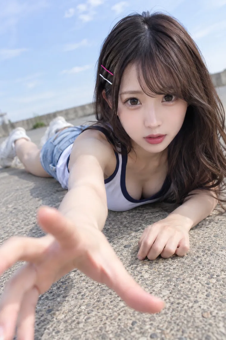実写AI版｜うつ伏せで手をカメラへ伸ばすポーズ｜床・地面を使った女の子のポーズ
