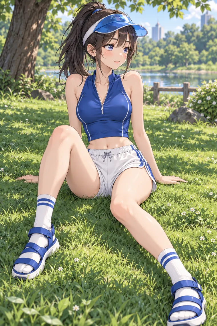 AIイラスト版｜芝生で両手を後ろについて座るポーズ｜床・地面を使った女の子のポーズ