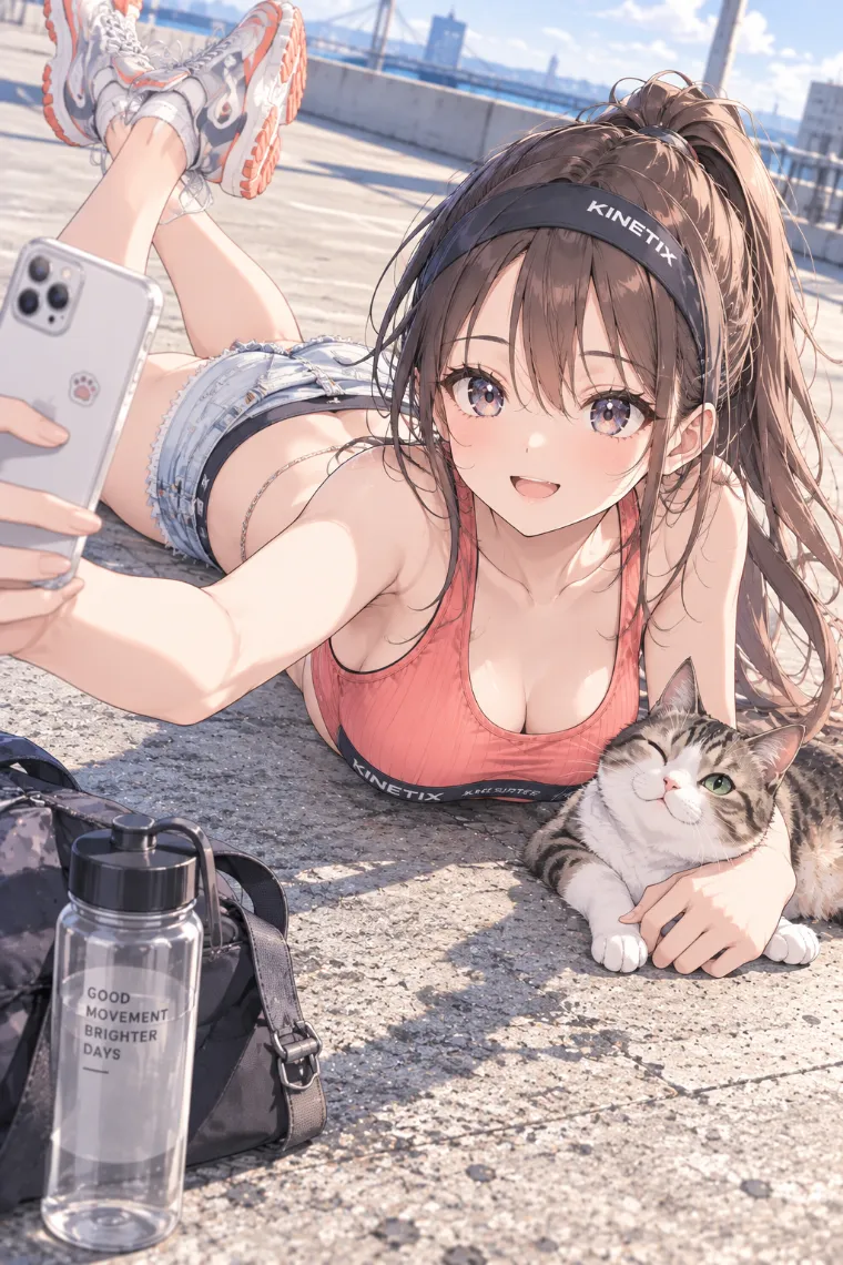 AIイラスト版｜うつ伏せで猫とセルフィーを撮るポーズ｜床・地面を使った女の子のポーズ