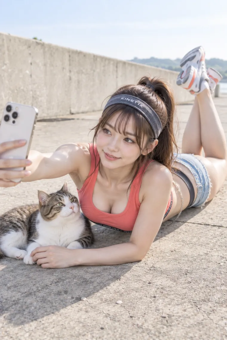 実写AI版｜うつ伏せで猫とセルフィーを撮るポーズ｜床・地面を使った女の子のポーズ