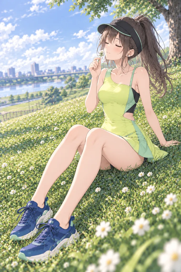 AIイラスト版｜芝生で花を顔に寄せるポーズ｜床・地面を使った女の子のポーズ