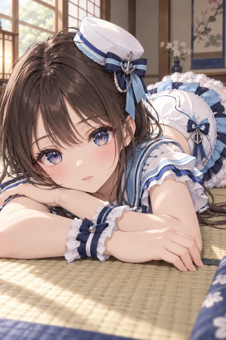 AIイラスト版｜畳でうつ伏せになり両腕を平行に置くポーズ｜床・地面を使った女の子のポーズ