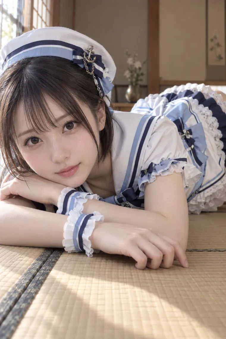 実写AI版｜畳でうつ伏せになり両腕を平行に置くポーズ｜床・地面を使った女の子のポーズ