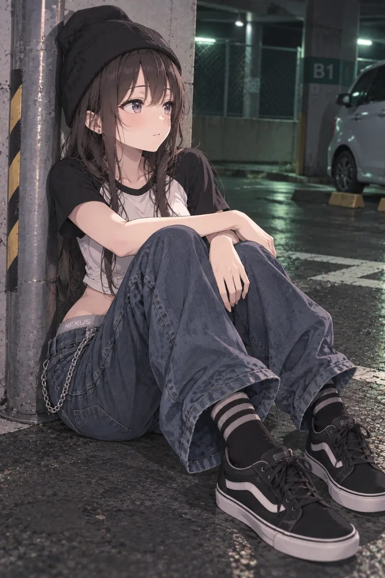 AIイラスト版｜ポールにもたれて両膝を立てるポーズ｜床・地面を使った女の子のポーズ
