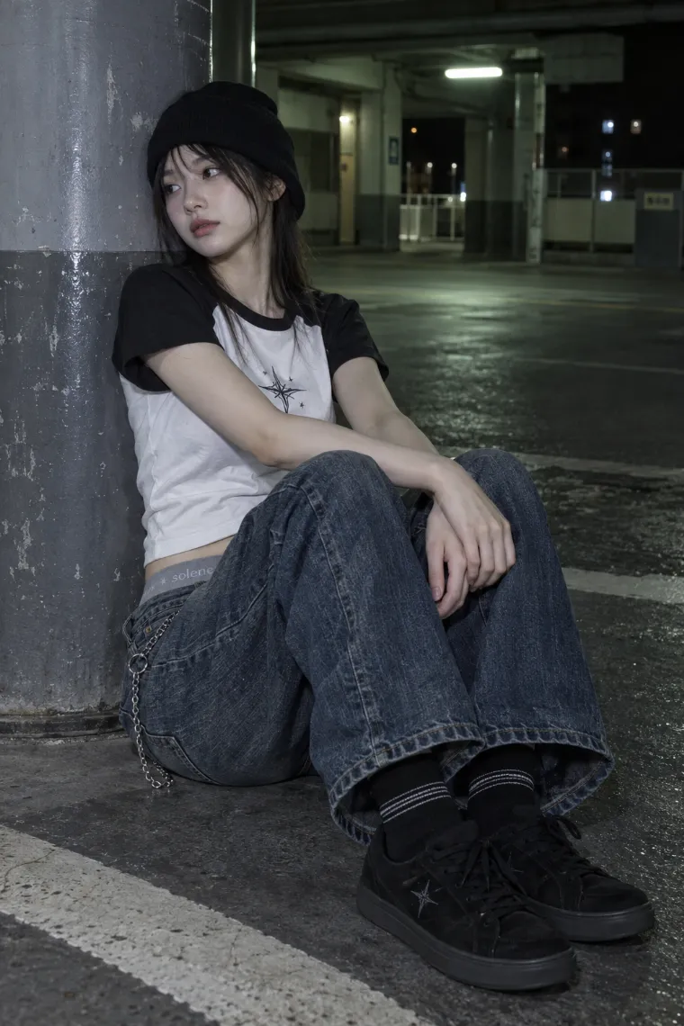 実写AI版｜ポールにもたれて両膝を立てるポーズ｜床・地面を使った女の子のポーズ