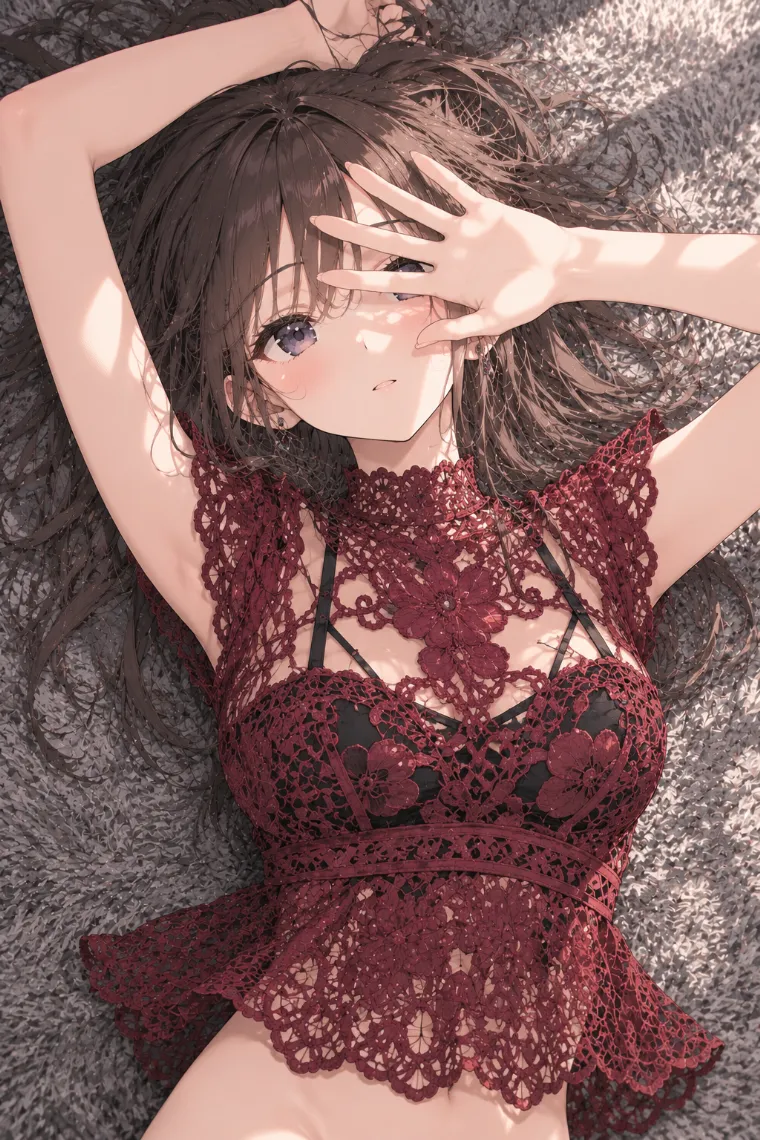 AIイラスト版｜ラグに仰向けで片手を目元へかざすポーズ｜床・地面を使った女の子のポーズ