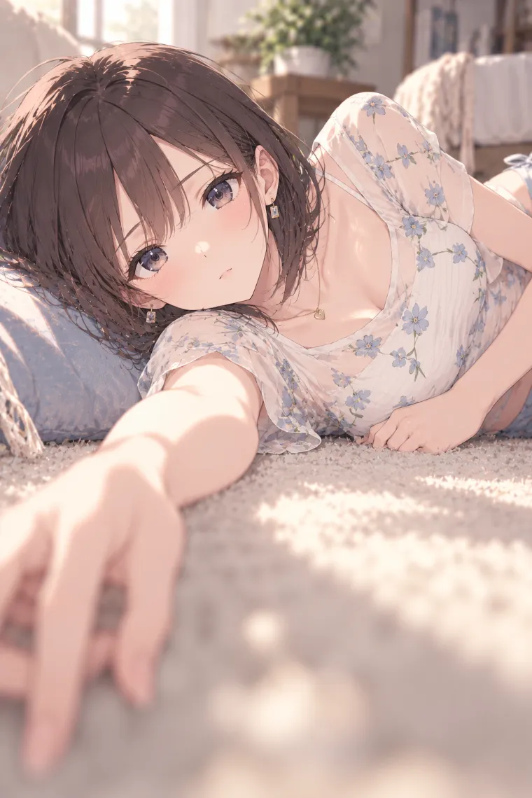 AIイラスト版｜横向きに寝て片腕を手前へ伸ばすポーズ｜床・地面を使った女の子のポーズ
