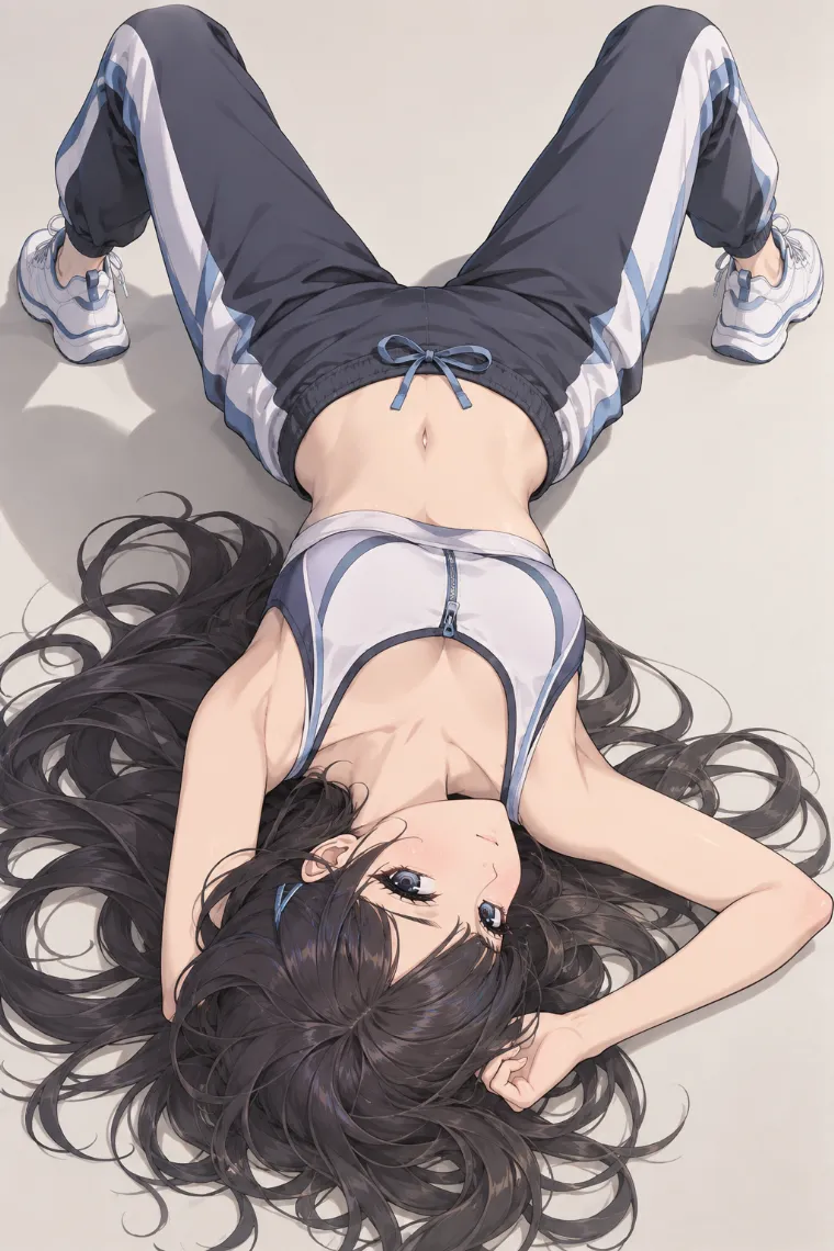 AIイラスト版｜頭を画面下にして両膝を立てるポーズ｜床・地面を使った女の子のポーズ