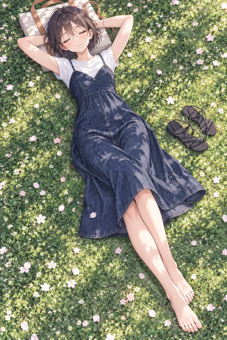 AIイラスト版｜芝生で仰向けになり両手を頭の後ろへ置くポーズ｜床・地面を使った女の子のポーズ