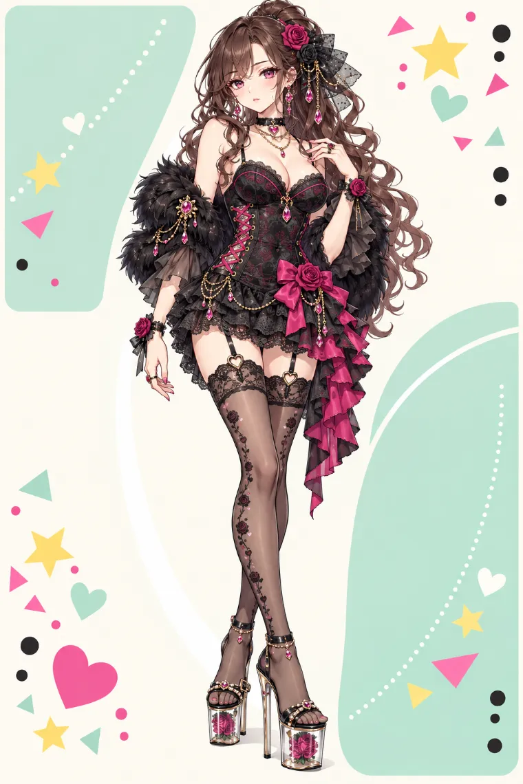 AIイラスト版｜黒フェザーシュラッグと黒×フューシャのコルセットミニドレスに黒レースニーハイと厚底サンダルを合わせたアゲ嬢ギャルコーデ