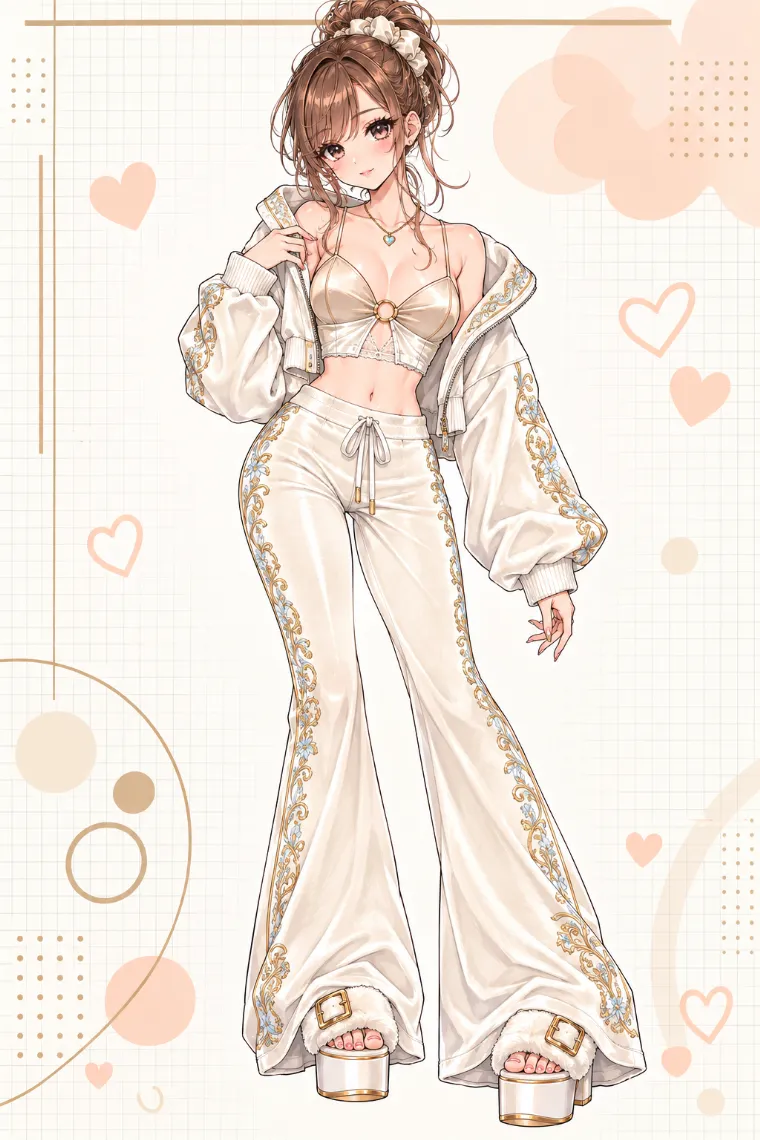 AIイラスト版｜アイボリーのベロアパーカーとシャンパン色ブラレット、フレアパンツにファー付き厚底サンダルを合わせたアゲ嬢ギャルコーデ