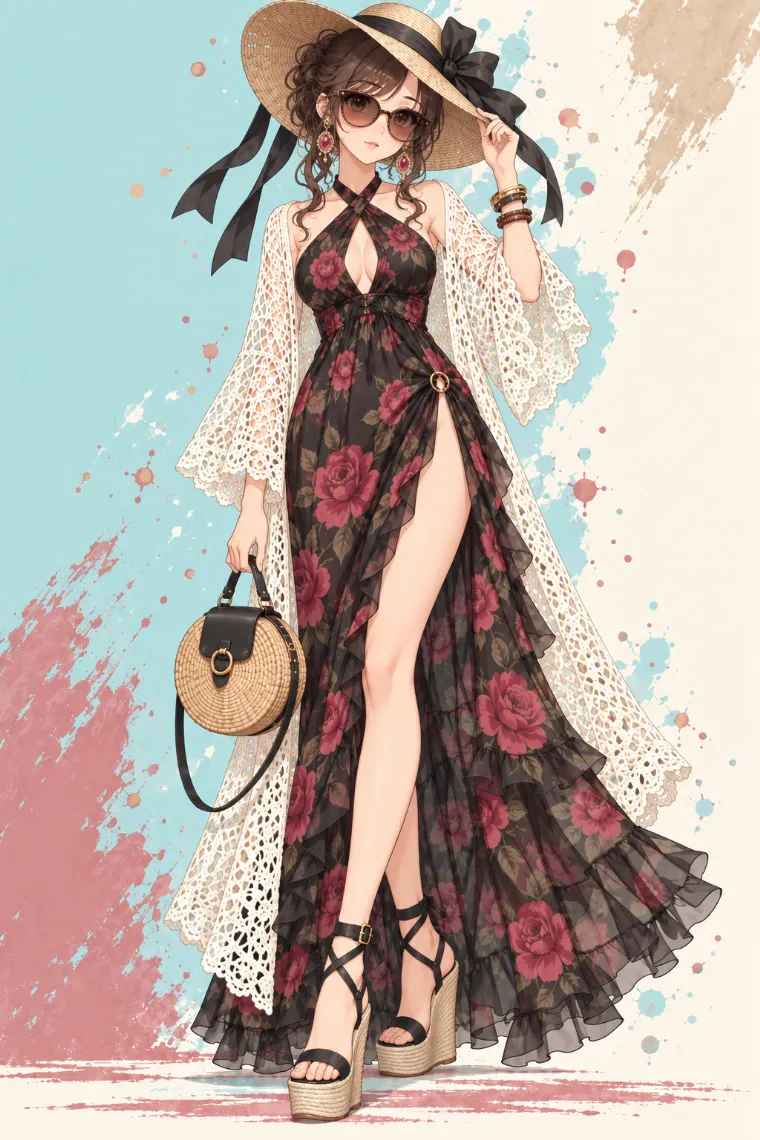 AIイラスト版｜アイボリーのクロシェ羽織と黒の花柄シフォンマキシドレスに厚底ウェッジサンダルを合わせたアゲ嬢ギャルコーデ