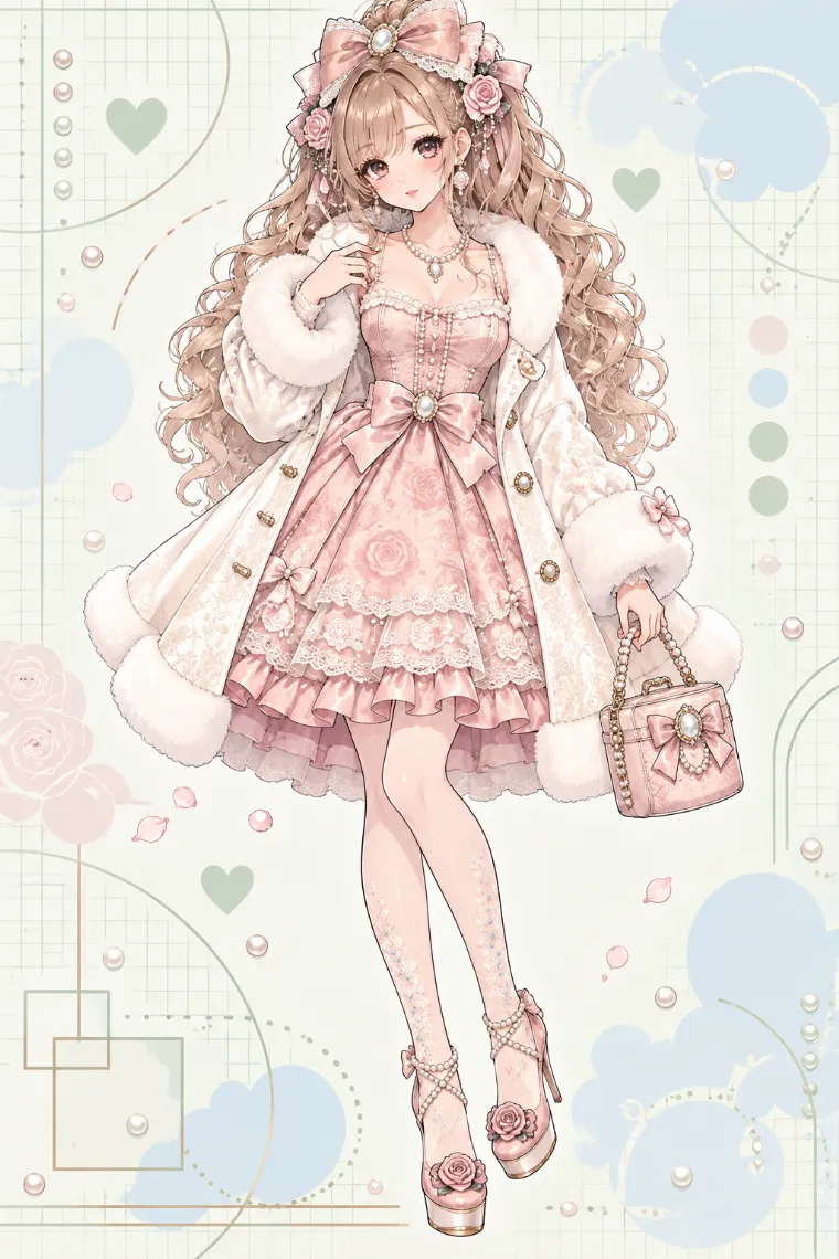 AIイラスト版｜アイボリーのプリンセスコートとブラッシュピンクのローズ柄ドレスにピンクヒールを合わせた姫系アゲ嬢ギャルコーデ