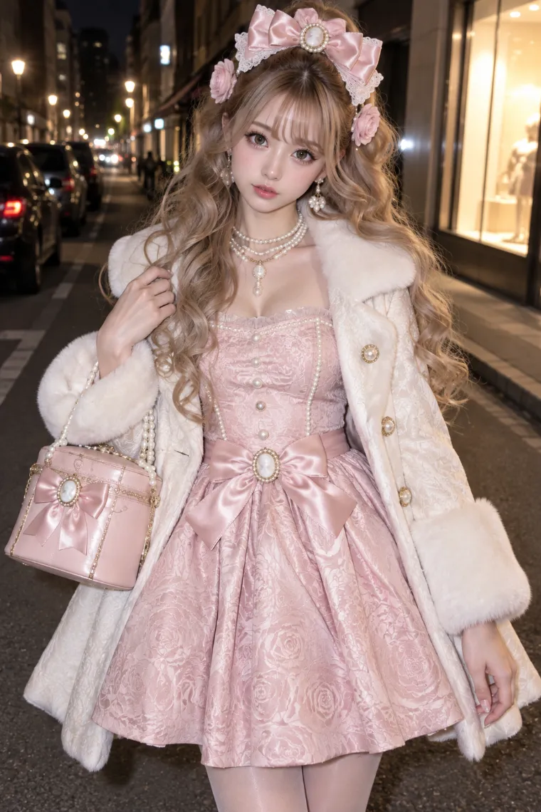 実写AI版｜アイボリーのプリンセスコートとブラッシュピンクのローズ柄ドレスにピンクヒールを合わせた姫系アゲ嬢ギャルコーデ